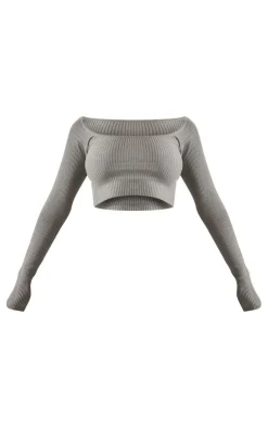 Clearance PrettyLittleThing Scoop Neck Long Sleeve Knit Top Grey