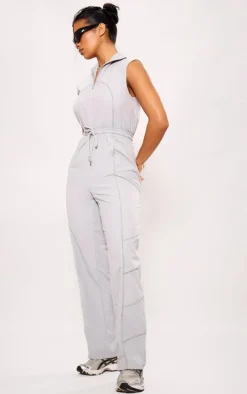 Grey Seam Detail Elasticated Zip Up Jumpsuit