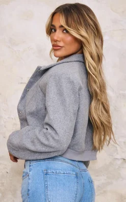 PrettyLittleThing Wool Coats*Shoulder Padded Wool Look Cropped Bomber Jacket