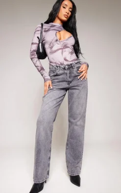 Grey Slinky Printed Cut Out Bodysuit