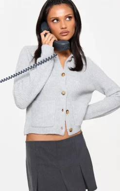 PrettyLittleThing Cardigans*Soft Textured Knit Button Up Collar Detail Cardigan