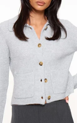 PrettyLittleThing Cardigans*Soft Textured Knit Button Up Collar Detail Cardigan