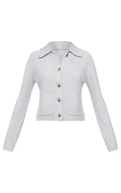 PrettyLittleThing Cardigans*Soft Textured Knit Button Up Collar Detail Cardigan