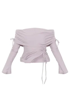 Grey Soft Touch Bardot Ruched Tie Side Top