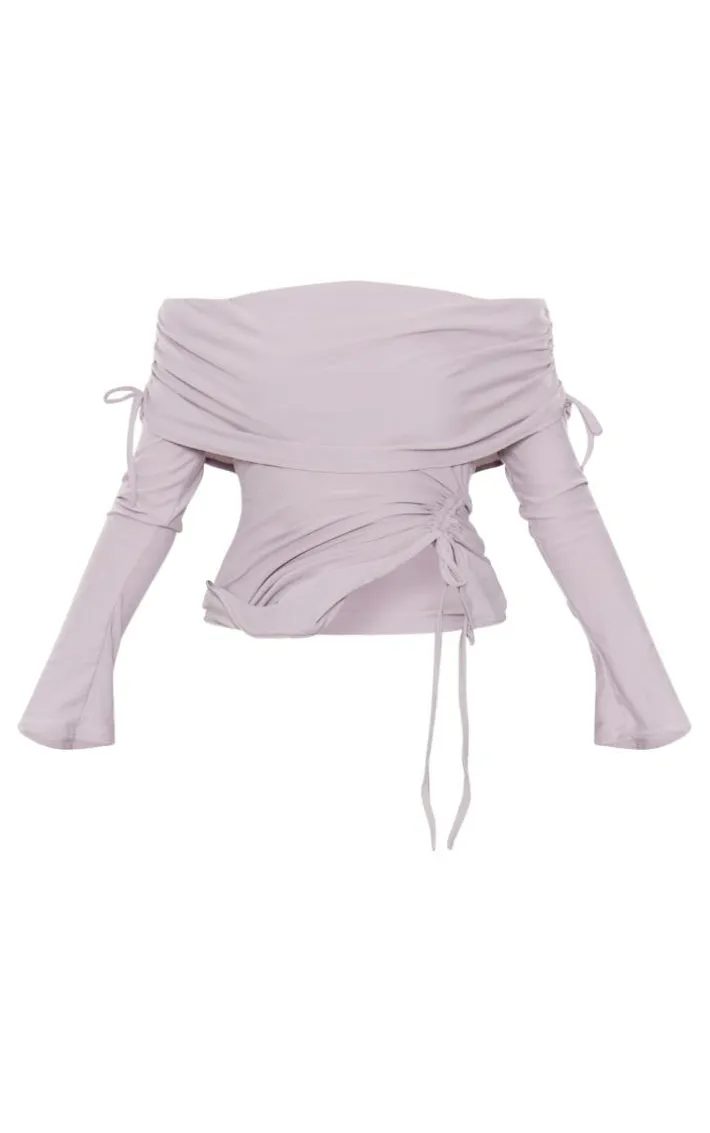 Grey Soft Touch Bardot Ruched Tie Side Top