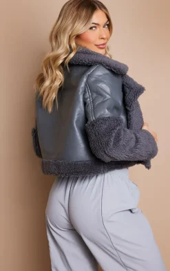 PrettyLittleThing Aviator Jackets*Statement Borg Trim Faux Leather Aviator Jacket