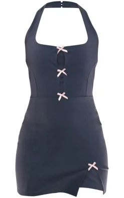 Stretch Woven Bow Detail Halterneck Bodycon Dress-PrettyLittleThing Sale