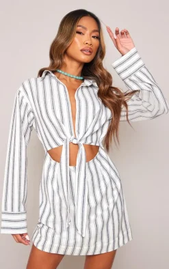 Stripe Knot Front Long Sleeve Shirt Dress-PrettyLittleThing Discount