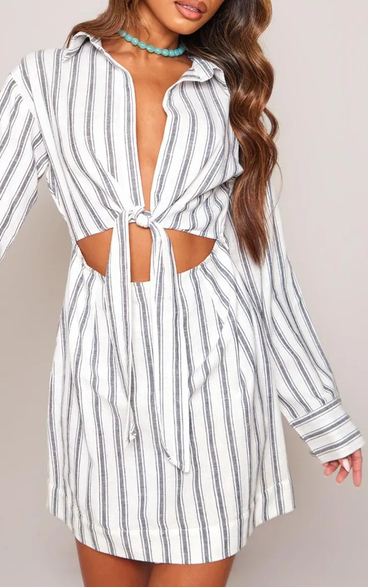 Stripe Knot Front Long Sleeve Shirt Dress-PrettyLittleThing Discount