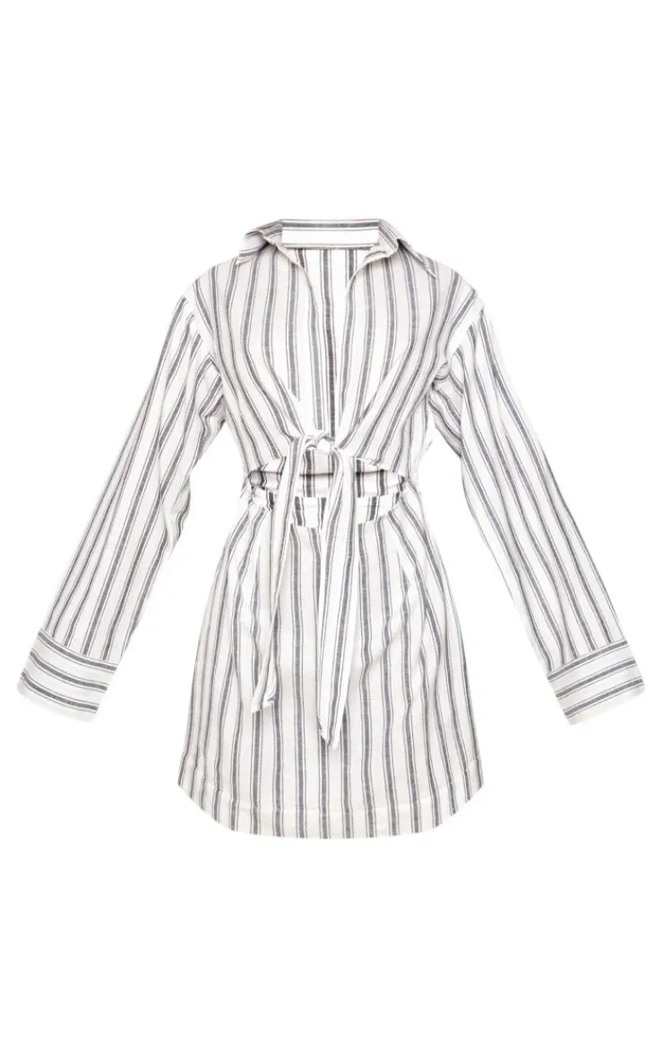 Stripe Knot Front Long Sleeve Shirt Dress-PrettyLittleThing Discount