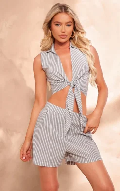 Outlet PrettyLittleThing Stripe Linen Look Tailored Shorts Grey