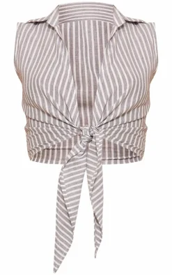 Online PrettyLittleThing Stripe Linen Look Tie Front Sleeveless Cropped Shirt Grey