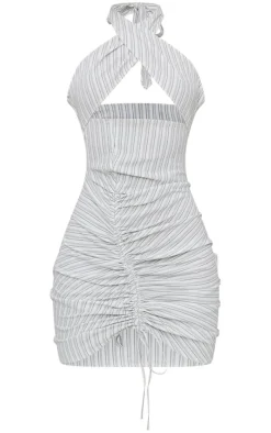 Stripe Textured Wrap Neck Ruched Bodycon Dress-PrettyLittleThing