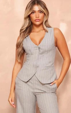 Online PrettyLittleThing Striped Tailored Woven Wide Leg Pants Grey