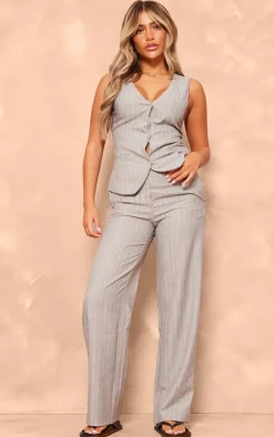 Hot PrettyLittleThing Striped Tailored Woven V Neck Vest Grey