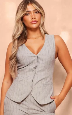 Hot PrettyLittleThing Striped Tailored Woven V Neck Vest Grey