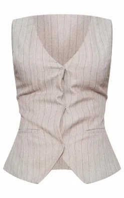 Hot PrettyLittleThing Striped Tailored Woven V Neck Vest Grey