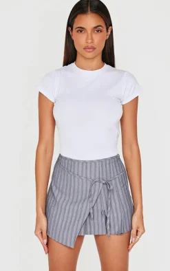 Grey Striped Wrap Tie Detail Pleated Skort