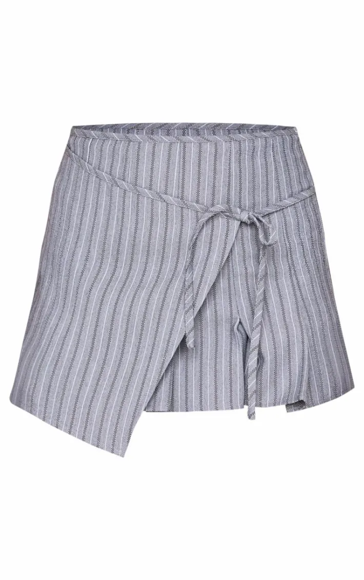 Grey Striped Wrap Tie Detail Pleated Skort