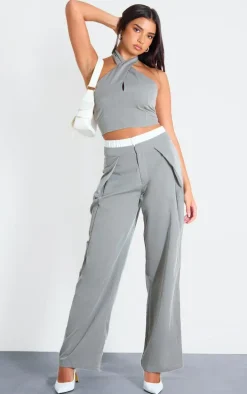 Grey Tailored Boxer Detail Straight Leg Pants
