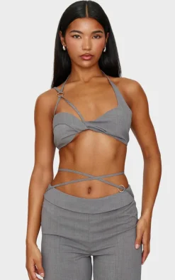 Sale PrettyLittleThing Tailored Twist Bust Detail Bralet Grey