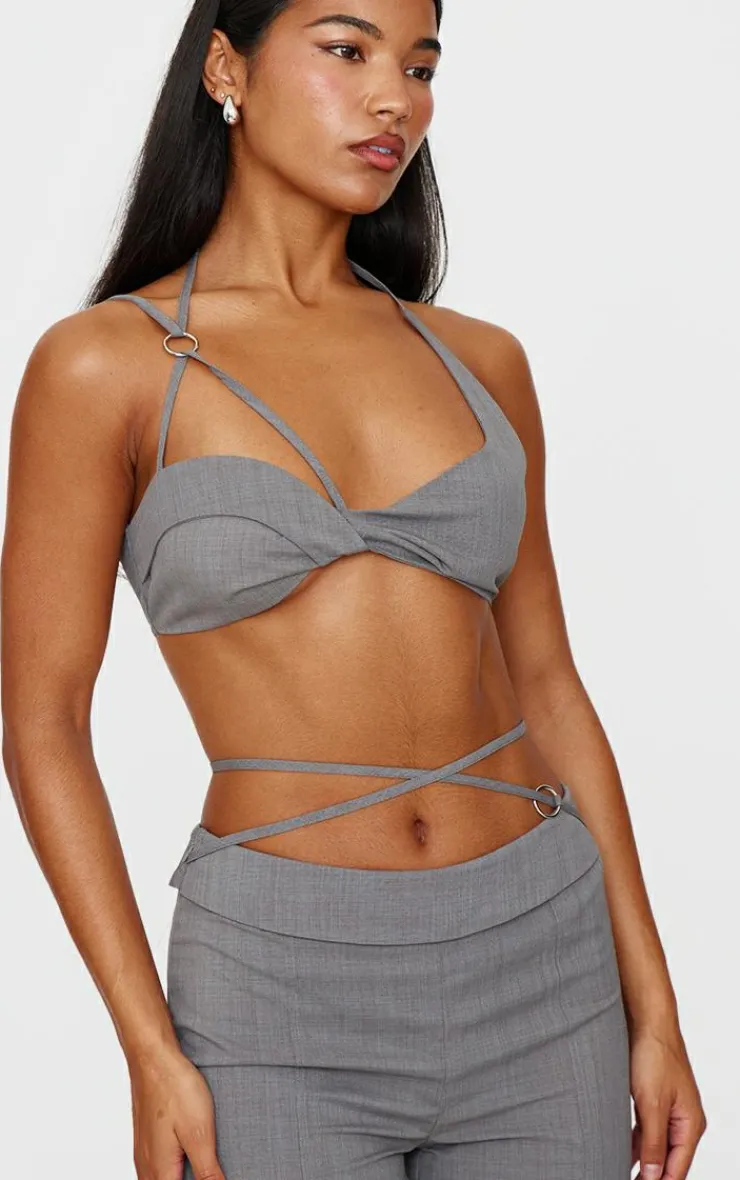 Sale PrettyLittleThing Tailored Twist Bust Detail Bralet Grey