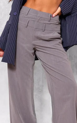 Grey Tailored Woven Double Waistband Straight Leg Pants