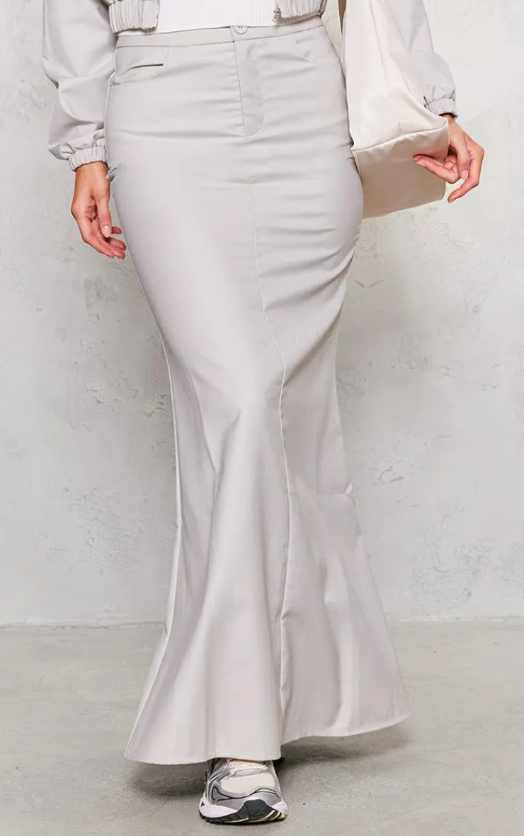 New PrettyLittleThing Tailored Woven Fitted Split Hem Maxi Skirt Grey