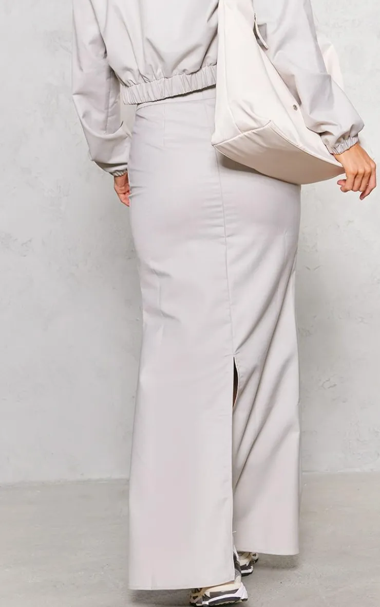 New PrettyLittleThing Tailored Woven Fitted Split Hem Maxi Skirt Grey