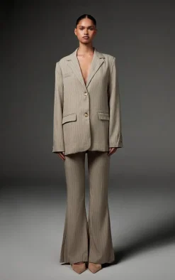 Hot PrettyLittleThing Tailored Woven Pinstripe Slim Flare Pants Grey