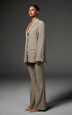 Hot PrettyLittleThing Tailored Woven Pinstripe Slim Flare Pants Grey