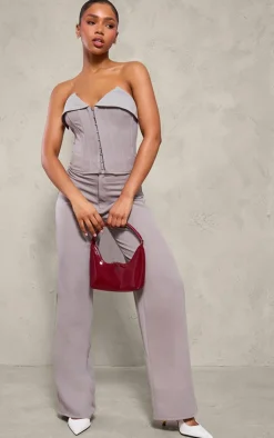 Online PrettyLittleThing Tailored Woven Straight Leg Pant Grey