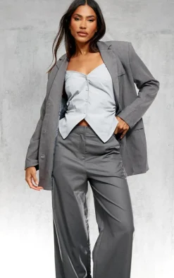 Grey Textured Look Shoulder Padded Oversized Blazer