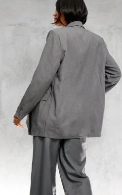 Grey Textured Look Shoulder Padded Oversized Blazer