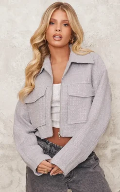 Grey Textured Pocket Zip Up Jacket