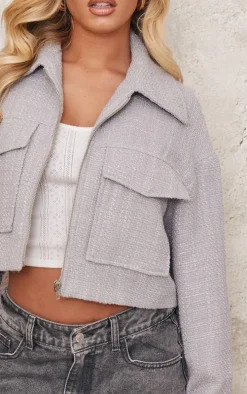 Grey Textured Pocket Zip Up Jacket
