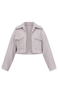 Grey Textured Pocket Zip Up Jacket