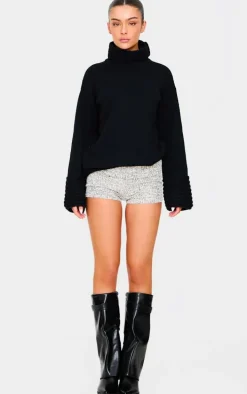 Grey Tweed Look Fold Over Hot Pants