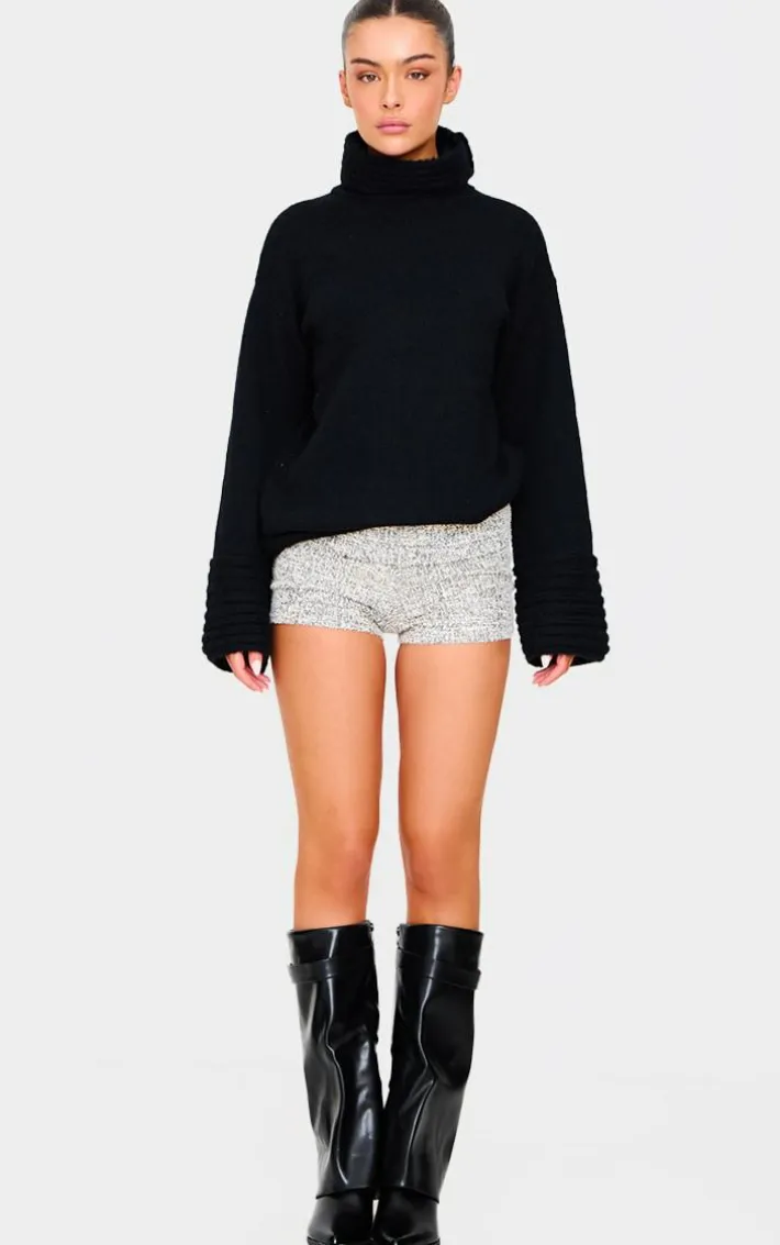 Grey Tweed Look Fold Over Hot Pants
