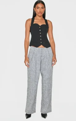 Grey Tweed Low Rise Straight Leg Pants
