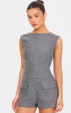 PrettyLittleThing Christmas Shop*Tweed Sleeveless Pocket Detail Romper