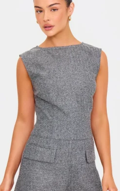 PrettyLittleThing Christmas Shop*Tweed Sleeveless Pocket Detail Romper