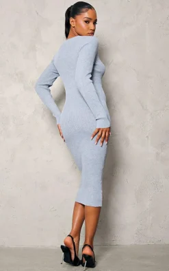 V Neck Knit Midi Dress-PrettyLittleThing