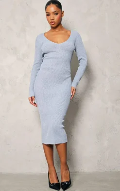 V Neck Knit Midi Dress-PrettyLittleThing