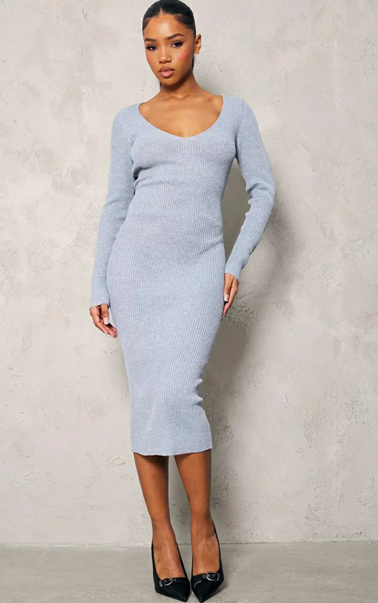 V Neck Knit Midi Dress-PrettyLittleThing