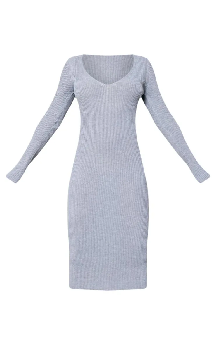 V Neck Knit Midi Dress-PrettyLittleThing