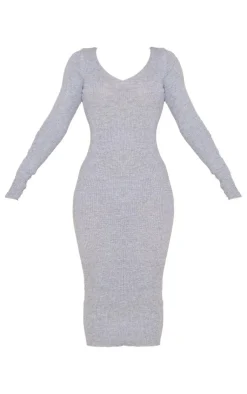 V Neck Knit Midi Dress-PrettyLittleThing