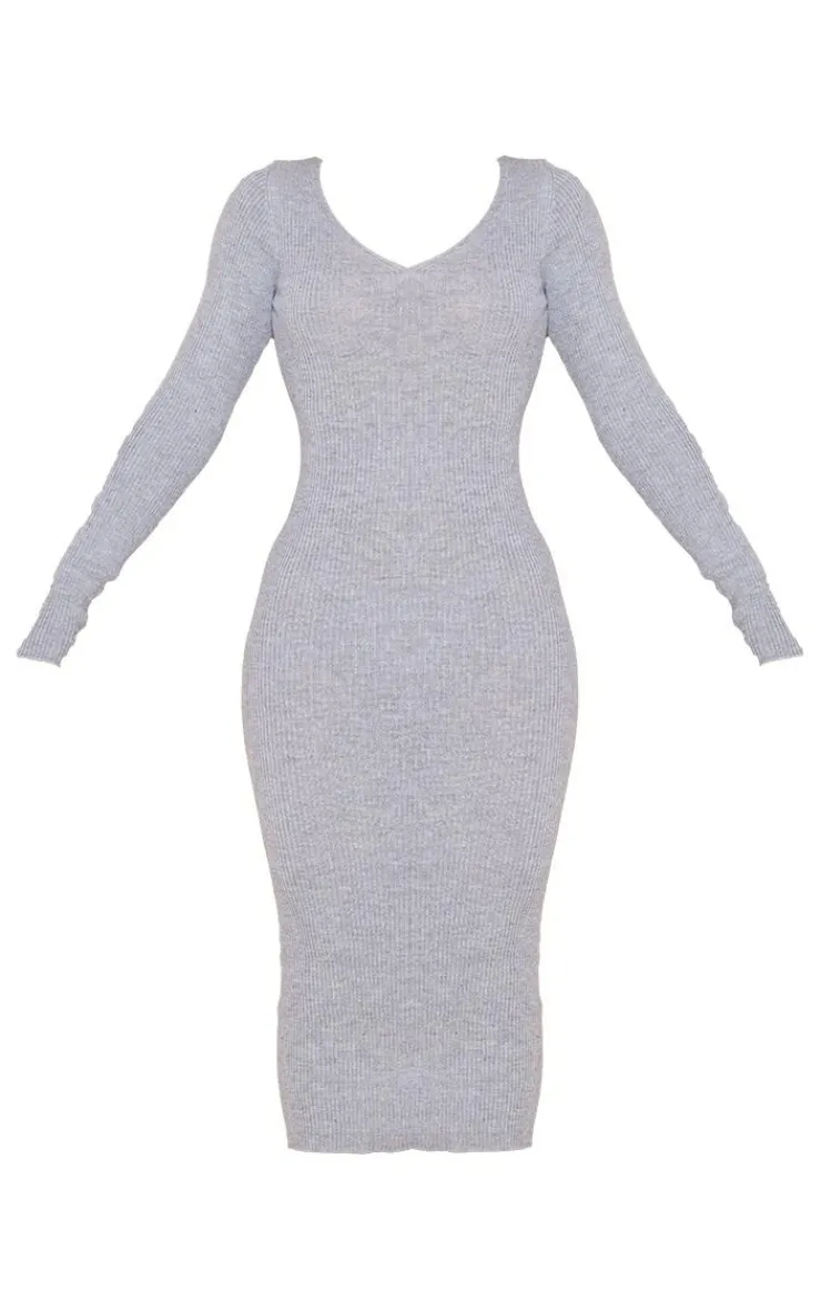V Neck Knit Midi Dress-PrettyLittleThing