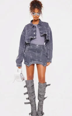 Online PrettyLittleThing Washed Curved Hem Denim Mini Skirt Grey