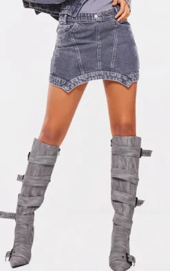 Online PrettyLittleThing Washed Curved Hem Denim Mini Skirt Grey